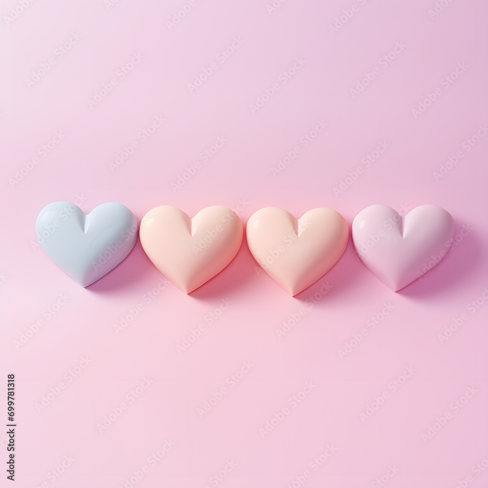 Pastel romantic four hearts on pink background, invitation and greeting card for Valentine day .