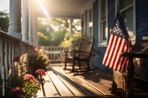 Charming traditional home with front porch decorated with the USA flag for the 4th of July photo