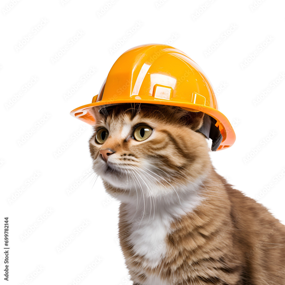 Anthropomorphic Cat in Builder Costume with Safety Helmet at Construction Site, Isolated on Transparent Background, PNG Anthropomorphic Cat in Builder Costume with Safety Helmet at Construction Site, Isolated on Transparent Background, PNG