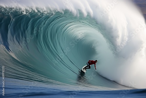 Skilled surfer conquers colossal azure wave in exhilarating extreme sports action