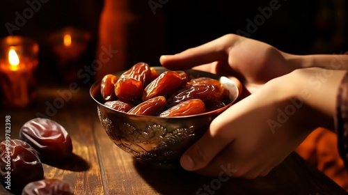 Ramadan Mubarak, Dry date in a bowl dining table at home, Delicious dates Holy Month Ramadan photo