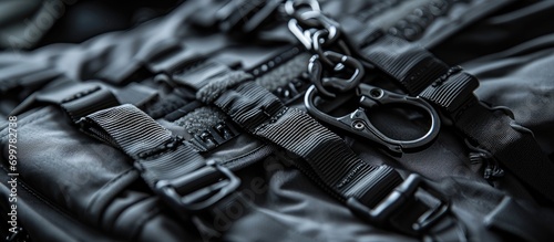 A big, black fabric harness with metal rings and plastic carabiners on a tactical backpack. photo