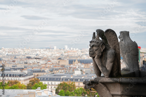 Gargoyle of Paris on Notre Dame Cathedral church and Paris cityscape from above, France