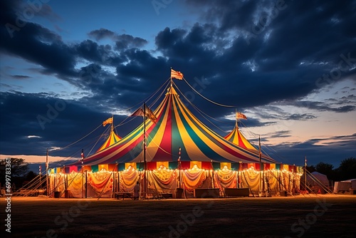 Vibrant Circus Tent Illuminated by Colorful Lights against a Magical Starry Night Sky