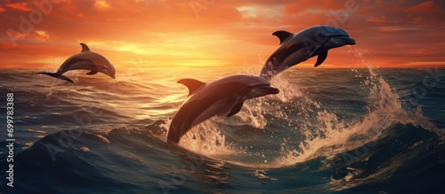 Dolphins gliding above the water. © AkuAku