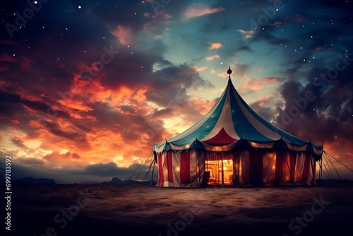 Magical Circus Tent Glistening with Vibrant Colors Under a Captivating Starlit Sky
