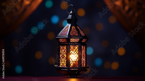 Ramadan Lantern with Light Glowing at Night and Glittering with Bokeh Lights on Ground. Muslim Holy Month Ramadan Kareem