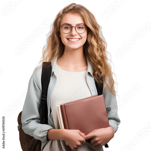 American female university student smiling happily on PNG transparent background