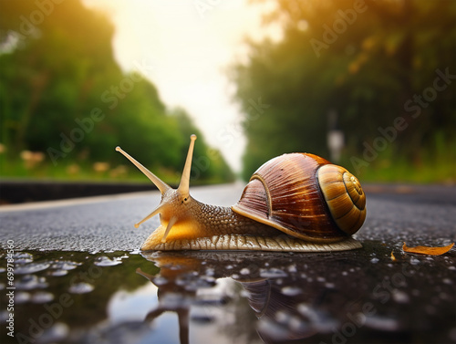 A cute snail Walking in the beautiful road