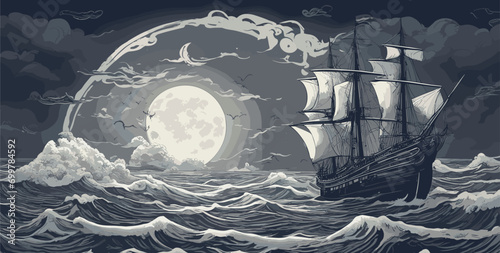 the moon and ship on the sea