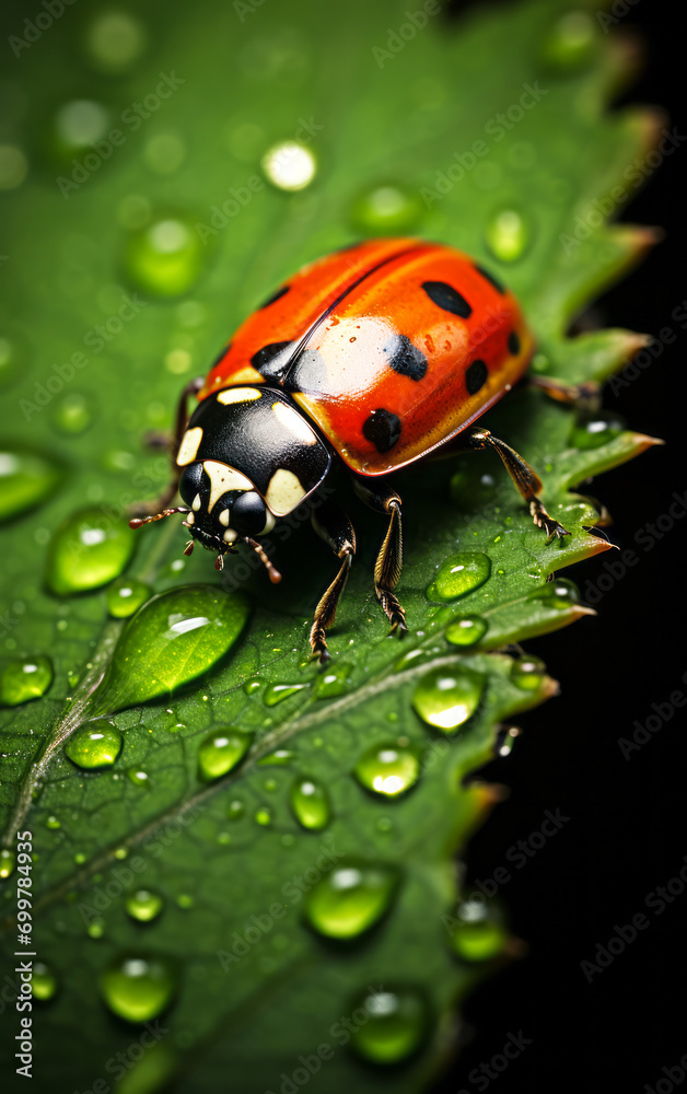 Ladybug on a green leaf with dew drops, a symbol of good luck and the beauty of nature's details Ladybug on a green leaf with dew drops, a symbol of good luck and the beauty of nature's details