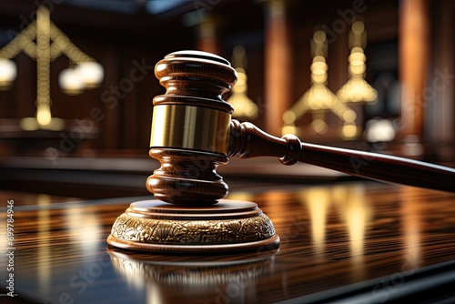 Judges gavel on wooden desk. Law firm concept. Law and justice symbols. Bokeh background.
