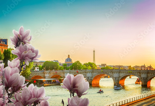 bridge Pont Neuf and Seine river at sunny spring sunset, Paris, France, retro toned photo