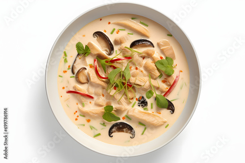 Traditional Thai food Tom Kha Gai soup in a bowl on a wooden table and ingredients