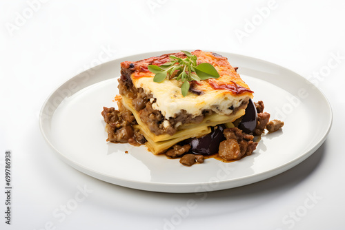 Greek potato and meat casserole with cheese - moussaka on a plate isolated on a white background