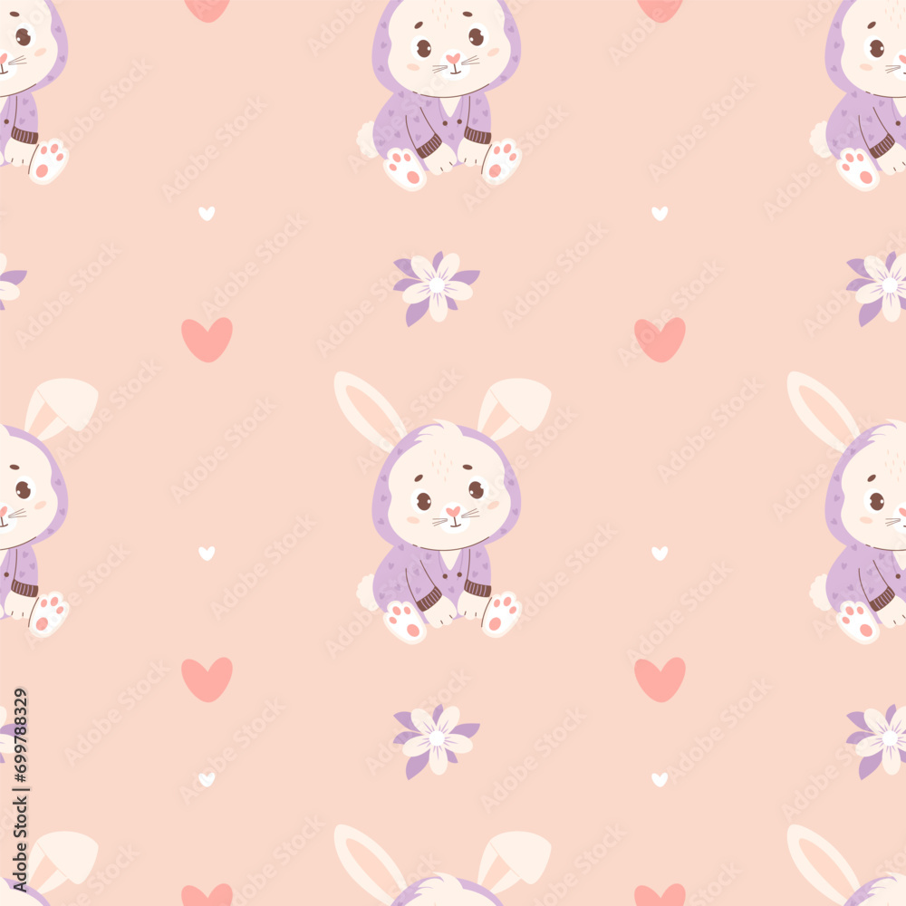 Seamless pattern with cute animal bunny with pajamas. Vector illustration for design, wallpaper, packaging, textile. Kids collection in pastel colors.