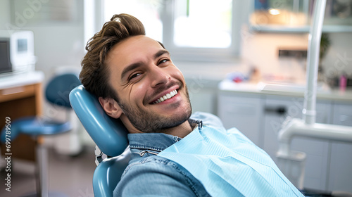 man with a snow-white smile sitting on a dentist's chair photo