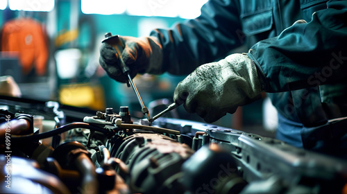 banner close-up car mechanic hands repair a car engine at an auto repair station photo