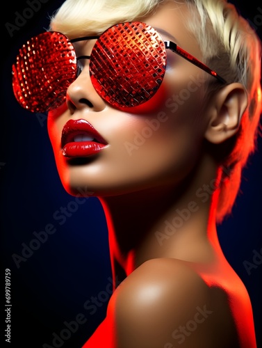 portrait of a woman with blushing red lips and red glasses