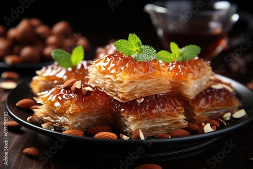 Traditional turkish dessert pistachio antep baklava with turkish black tea on rustic table, ramadan or holiday desserts concept