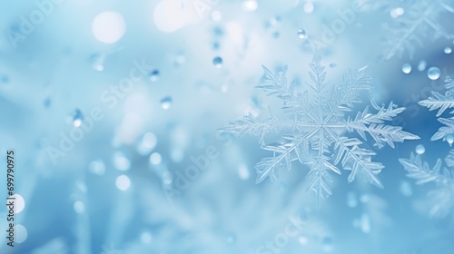 Winter frosted window glass blue color background