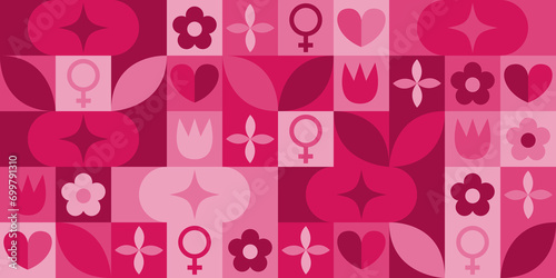 Women History Month Neo Geometric Pattern Background. Women’s History Month March Awareness Celebration. Abstract modern design. Social media post. Horizontal website header banner vector illustration