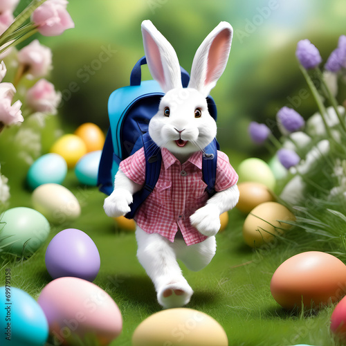 Ein weißer Osterhase rennt durch einen Garten, mit einem Rucksack auf dem Rücken. Alles ist voll Ostereiern. Niedlich