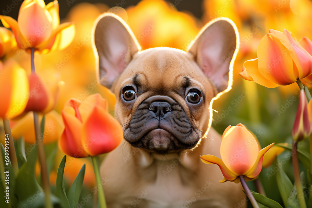 Cute French Bulldog dog in field of tulip spring flowers
