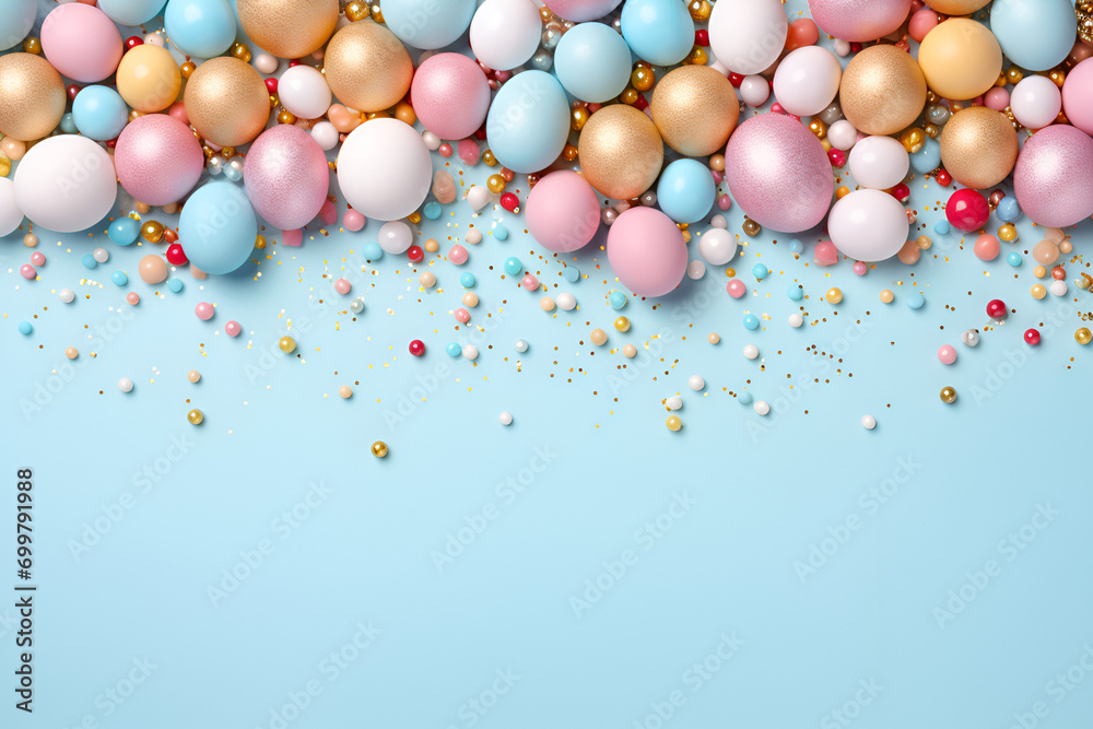 Easter eggs of different colors on a blue background, ideal for spring and Easter compositions, free space for text Easter eggs of different colors on a blue background, ideal for spring and Easter compositions, free space for text