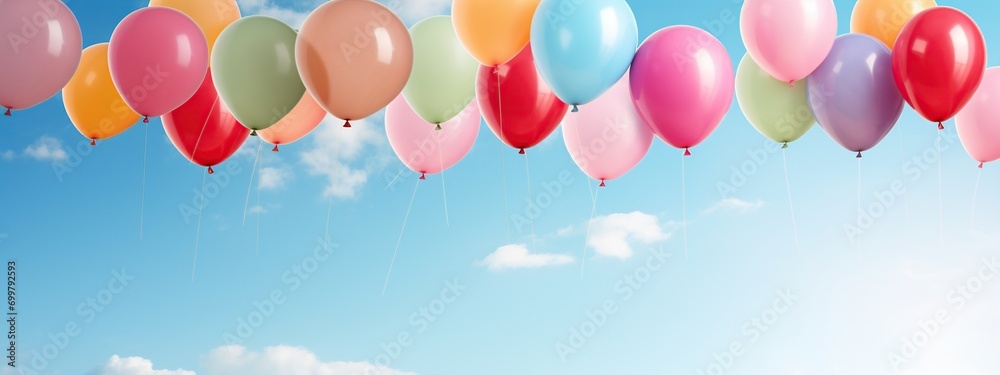 Pastel colors balloons bunch in blue sunny sky background with copy space