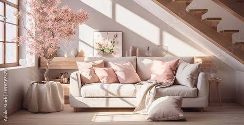 Cozy modern spring interior of a bright studio apartment with a sofa and stairs to the second level