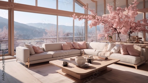 Cozy modern spring interior of a bright studio living room with a sofa and cherry blossom branches in chalet with cherry blossom trees outside the window photo