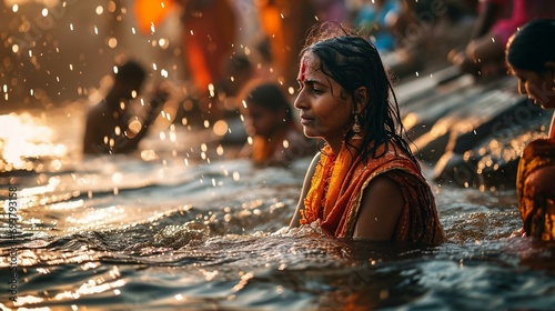 A serene shot of devotees taking a ritualistic dip in a holy river or pond as part of the Ram Navami observances, symbolizing purification. [Ram Navami]
