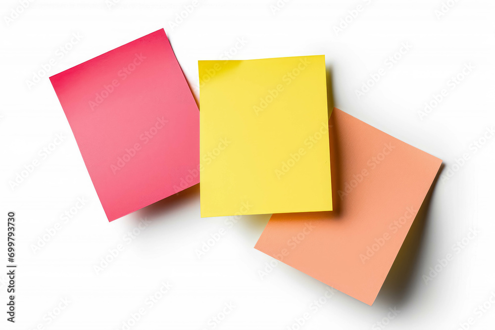 Three Colorful Glued Sticky Notes Isolated on White Background. Vivid Colored Notepaper for Task And Memo Management Three Colorful Glued Sticky Notes Isolated on White Background. Vivid Colored Notepaper for Task And Memo Management