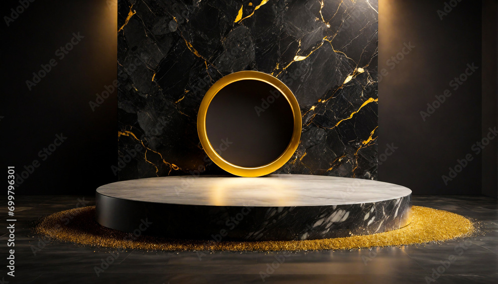Round shape black marble podium for Abstract minimal wall scene for mockup products display