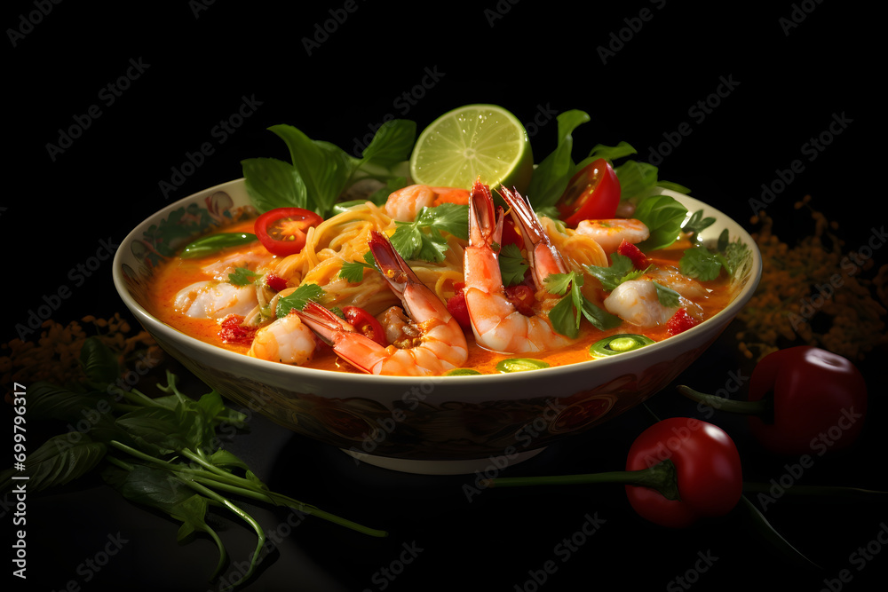 Tom Yum Kung Spicy Thai soup with shrimp in a bowl on a table with raw tomato and lemon