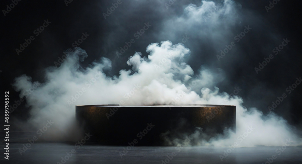 Round shape black marble podium  in dark room with smoke for mockup products display
