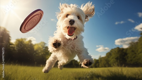 Fluffy dog catching a frisbee in mid-air, showcasing pure joy and playful energy. photo