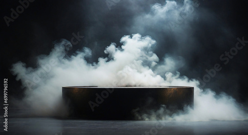 Round shape black marble podium in dark room with smoke for mockup products display