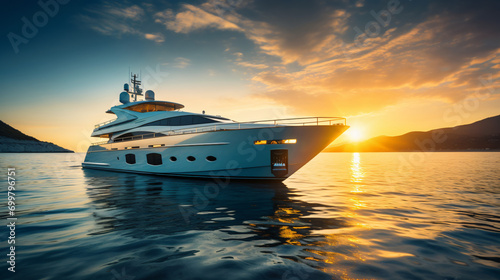 Luxury yacht and blue sea at sunset in summer