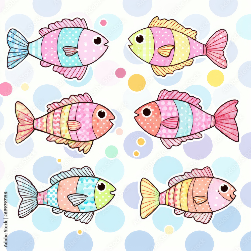 Vibrant, patterned cartoon fish swimming amidst bubbles, ideal for children's illustrations or playful aquatic themes.