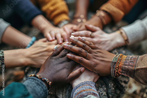 A vibrant close up of diverse hands joining together in unity symbolizing diversity and teamwork. Ai generated