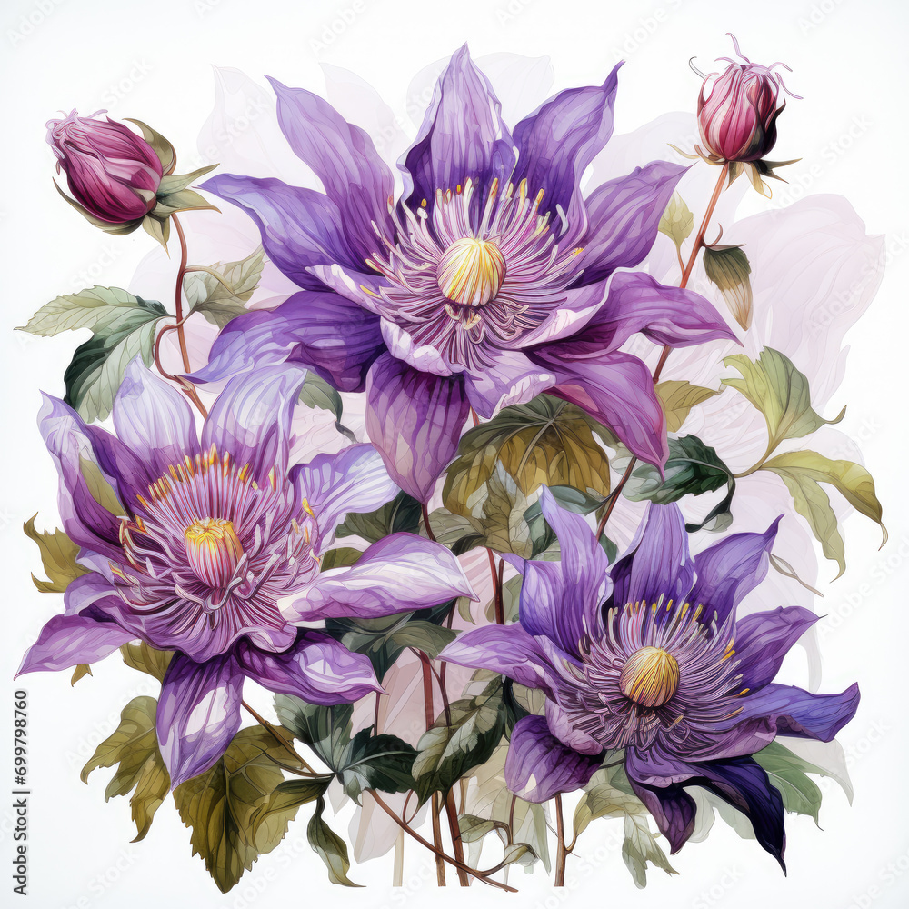 Obraz premium watercolor Purple passionflower clipart, Generative Ai
