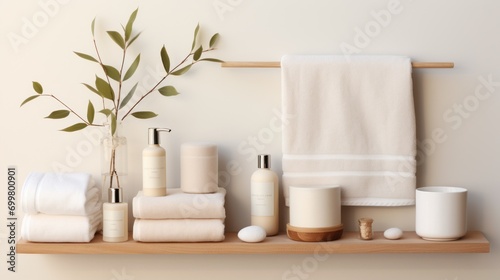  a shelf that has a bunch of towels and a vase with a plant on it next to a towel rack. photo