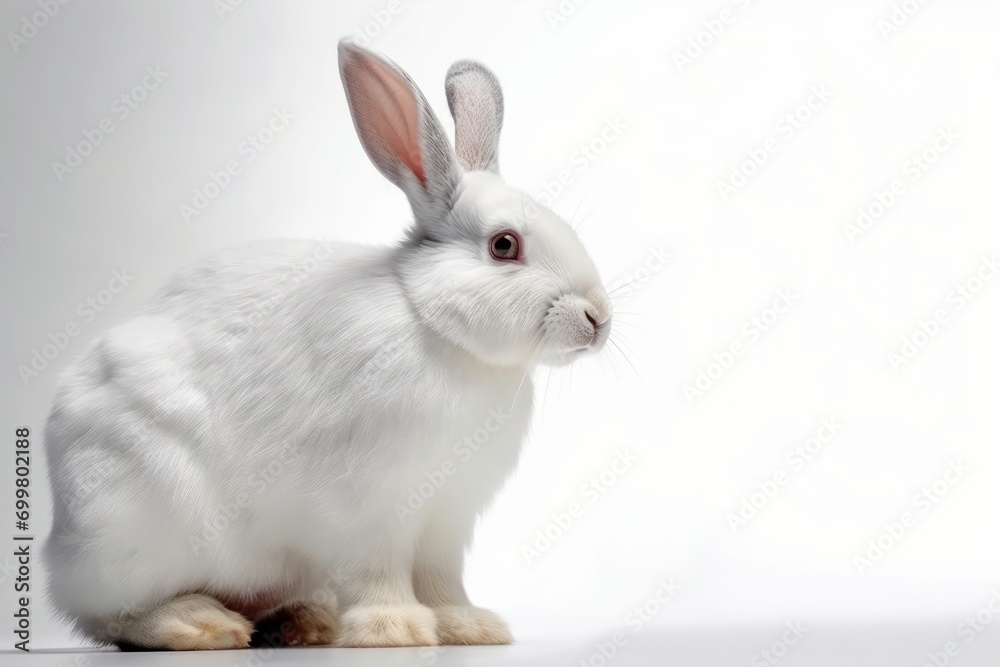 Portrait of cute white fluffy rabbit on white background with copy space