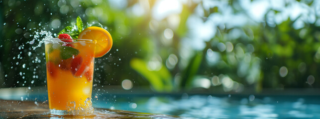 summer cocktails by the pool. sunny day, splashes, tropical fruits. Blurred background with copy space