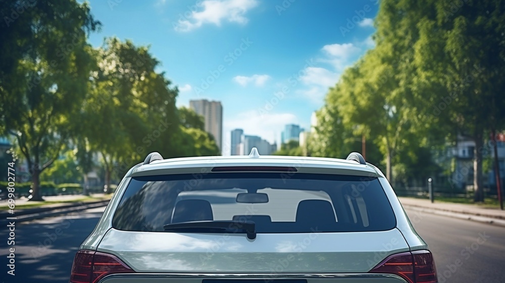 Closeup rear glass window of a car parked on street on summer sunny day, rearview. Mockup empty copy space for stickers or decals Closeup rear glass window of a car parked on street on summer sunny day, rearview. Mockup empty copy space for stickers or decals