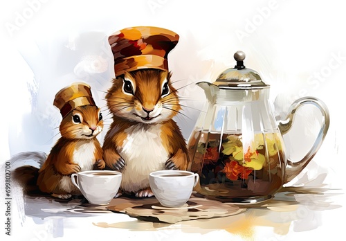 Two chipmunk cooks in caps are sitting on a table with two cups of tea and a teapot. Painting in painted style with rodents. Illustration for cover, card, postcard, interior design or presentation. photo