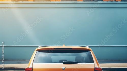 Closeup rear glass window of a car parked on street on summer sunny day, rearview. Mockup empty copy space for stickers or decals