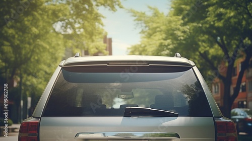 Closeup rear glass window of a car parked on street on summer sunny day, rearview. Mockup empty copy space for stickers or decals